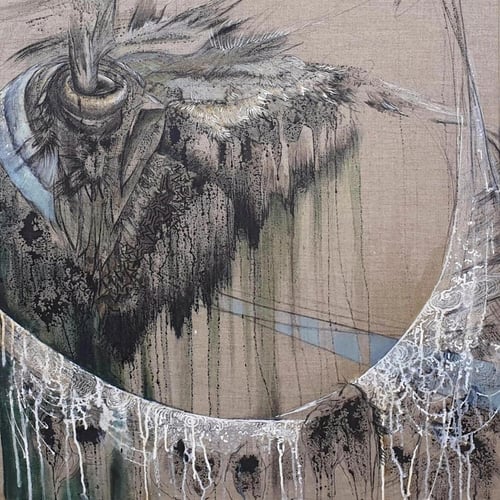 peinture oiseau au fusain et acrylique sur toile de lin brut