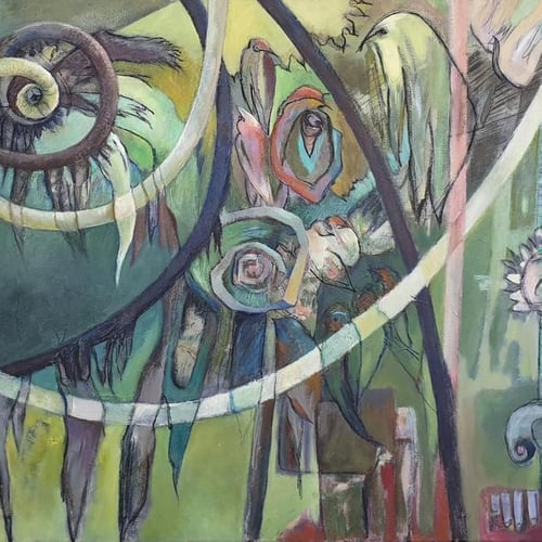 peintre oiseau acrylique sur toile de lin 120x80cm