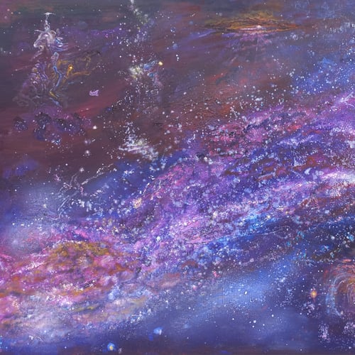 LA TETE DANS LES ETOILES, Huile, 120 x 80La tête dans les étoiles est une invitation à la contemplation : un tourbillon de galaxies, de nébuleuses et de poussières d’étoiles s’étend sur la toile dans une danse de violets, de bleus profonds et d’éclats lumineux. Chaque détail est peint à l’huile, donnant relief et profondeur à ce voyage interstellaire cm