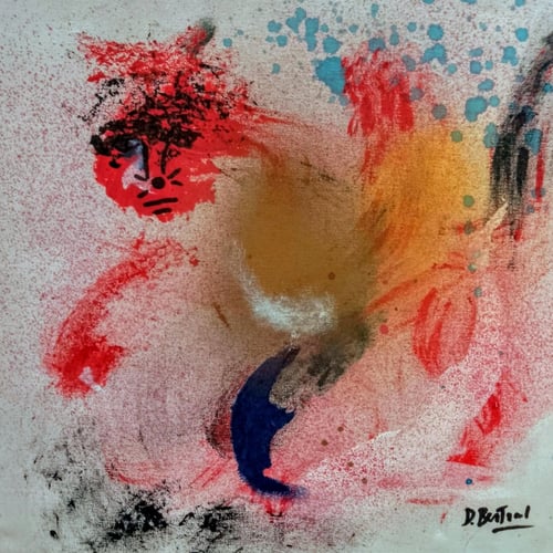 "Chat surpris" de Dominique BERTRAND. Acrylique sur toile de 40 x 40 cm