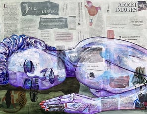 Souffle de douceur, Aimère 2026, Technique mixte, peinture acrylique et collages sur toile H 60 x L 80 cm. « Une invitation au lâcher-prise et à la reconnexion à soi, où la transparence de la couleur et les mots collés célèbrent la lenteur comme une douce alliée. »